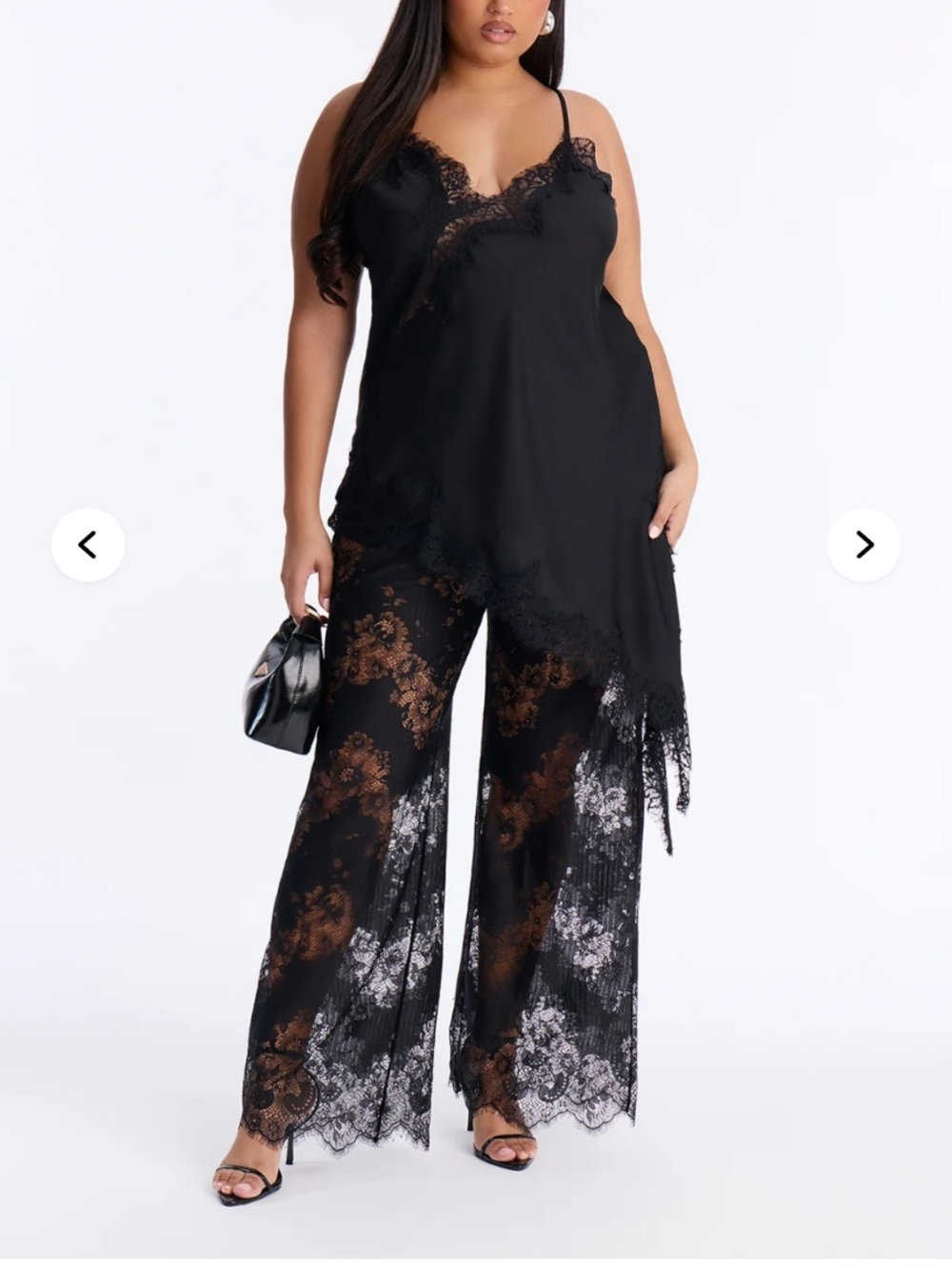 Fashion Nova Black Lace-Trim Wide Leg Jumpsuit Set